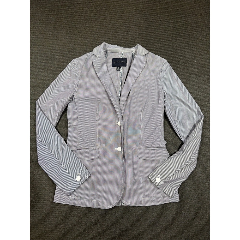Banana Republic Blazer Women Small Tall Blue Suit Sports Jacket Cotton Striped